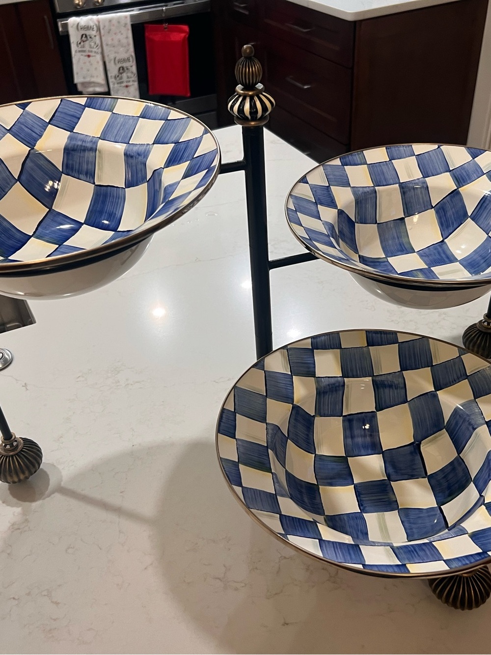 MacKenzie-Childs Blue and Cream Check Three-Tier Serving Bowls